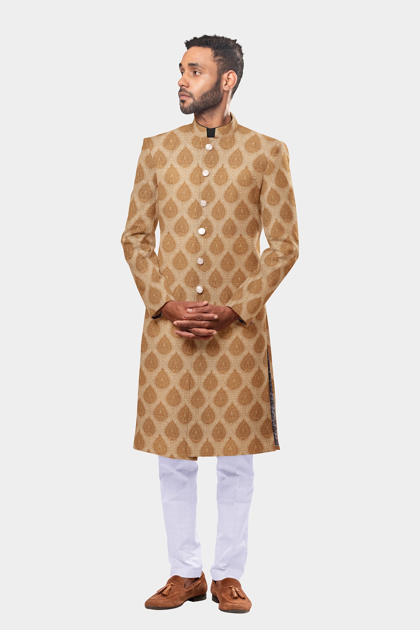 Rustic Gold Tapestry with Brown Leafy Designed Sherwani 123JK